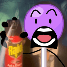 a cartoon character is holding a stick in front of a raid ant and roach spray