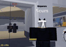 a screenshot of a video game with emperors 5 curs written on a wall