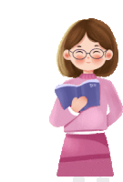 a girl wearing glasses is holding a book in her hand .