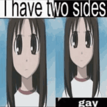 two pictures of a girl with the words `` i have two sides gay '' .