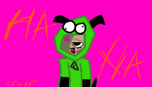 a drawing of a dog wearing a green hoodie with the letter a on the front