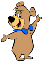 a cartoon bear wearing a blue bow tie is smiling and pointing