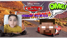 a poster for disney pixar cars shows a girl and a minecraft character