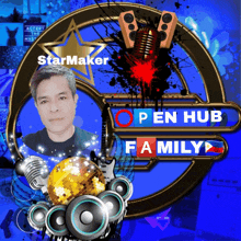 a starmaker logo with a picture of a man in the center