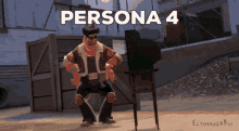 a video game character is dancing in front of a television with the words persona 4 written above him