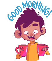 a cartoon of a boy holding two cups of coffee with the words good morning written above him