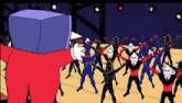 a cartoon of a man standing in front of a large group of people
