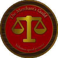 a logo for the merchant 's guild has a scale of justice on it