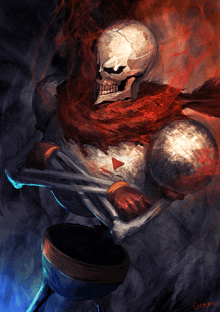 a painting of a skeleton with a red scarf around his neck has the letters gtrkc written on the bottom