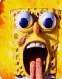 a close up of a spongebob squarepants cartoon character with his mouth open and his tongue sticking out .