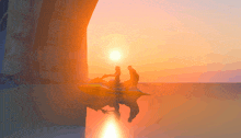 two people on a jet ski in the water at sunset with the sun behind them