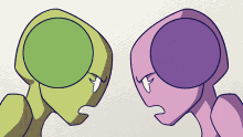 a green and a purple cartoon character are looking at each other