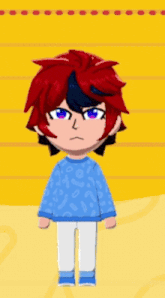 a cartoon character with red hair is wearing a blue shirt and white pants