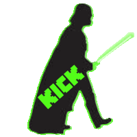 a silhouette of darth vader holding a green lightsaber with the word kick written on the back