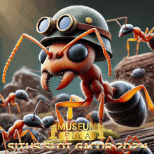 an ant wearing a helmet and goggles is surrounded by other ants and says museum bola 1