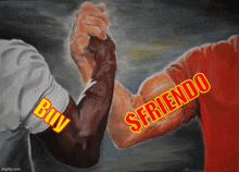 a painting of a man shaking hands with the words buy and $friendo written on his arm