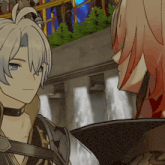 a couple of anime characters looking at each other with one having a red hair