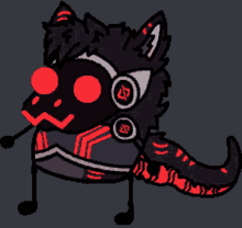 a cartoon drawing of a black monster with red eyes and headphones