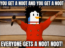 oprah winfrey is holding a microphone in front of a pixelated penguin with the words everyone gets a noot noot !