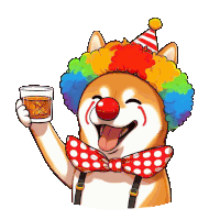 a cartoon dog dressed as a clown holds a glass of whiskey