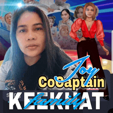 a poster for joy cocaptain keekhat features a woman in a red top and black pants