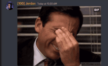 a screenshot of a man covering his eyes with his hand and a gif of a man laughing