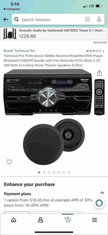 a screenshot of an amazon app showing an acoustic audio by goldwood aat3002 tower 5.1 home theater system