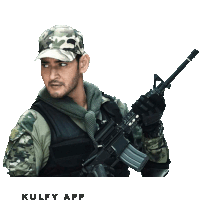 a man in a military uniform is holding a gun and the words kulfy app are on the bottom