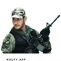 a man in a military uniform is holding a gun and the words kulfy app are on the bottom