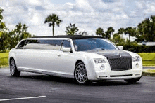 a white limousine is parked in a parking lot next to trees .