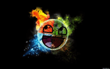 a colorful smiley face is surrounded by fire water and smoke