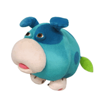 a blue and white stuffed animal with a green leaf on the tail