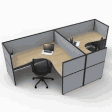 a 3d model of a cubicle with a laptop on it .