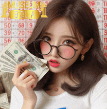 a woman wearing glasses holds a stack of twenty dollar bills in front of a bingo board