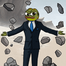 a cartoon of a man in a suit and tie with rocks flying around him