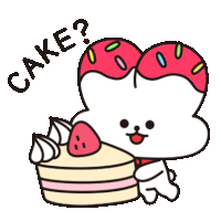 a cartoon character is holding a slice of cake and the word cake is written above it