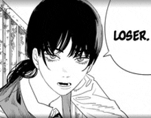 a black and white image of a girl with a speech bubble that says `` loser '' .