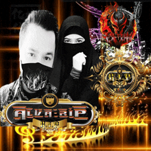 a man wearing a mask and a woman wearing a hijab with a logo for alkarip