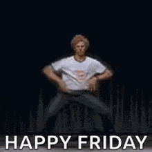 a man is dancing on a stage with the words `` happy friday '' .