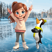a little girl and a penguin are ice skating