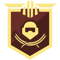 a red and gold emblem with a skull and a helmet on it