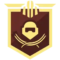 a red and gold emblem with a skull and a helmet on it