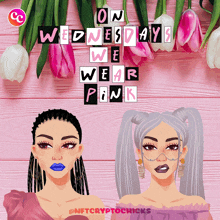 a poster for wednesdays wear pink with two girls on a pink background