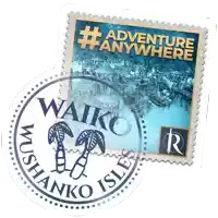 a postage stamp that says adventure anywhere is next to a postcard