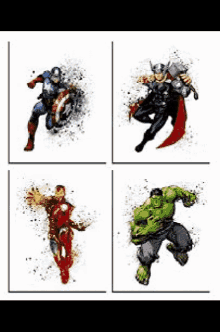 four pictures of avengers including captain america iron man thor and hulk