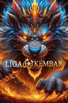 a colorful painting of a lion with the words liga & kembar on the bottom