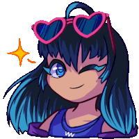 a girl with blue hair and heart shaped sunglasses