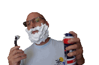 a man is shaving with a razor and holding a can of shaving foam