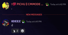 a screenshot of a conversation between pichu and odeez with new messages