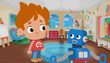 a cartoon drawing of a boy and a blue robot in a room